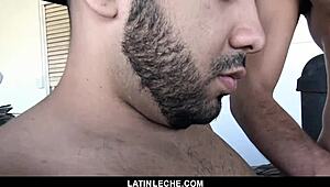 Scruffy stud joins gay group for handjobs, blowjobs, and bareback threesome