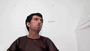 Watch this hot striptease as she rips off her long blouse, black see-through top, sexy white transparent panties, and blue shorts, revealing her huge 25cm throbbing cock squirting cum 😏🔥