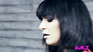 inked gurlz brunette with tattoos in lingerie gets pussy and boobs covered in cum