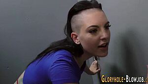 Tattooed slut takes monster cock in ass at gloryhole