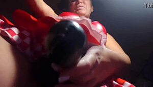 The slave licks her pussy, then gets strap-on fucked.