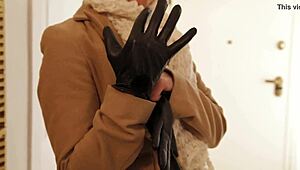 blonde in leather gloves delivers intense handjob and blowjob leading to explosive cumshot fetish