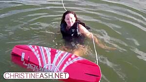Christine Ash waterskis in the USA with big tits