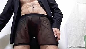 Huge Dick Spurts Thick Cum in Transparent Underwear and Open Shirt