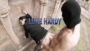 British babe in stockings exclaims, 'suck my big cock and ride it hard!' with handjob tease