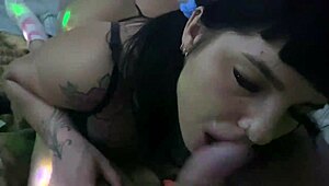 Japanese MILF brunette in lingerie sucks cock hard!