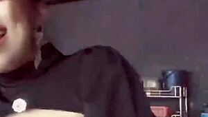 Teen 18+ squeezes her big tits in tight lingerie