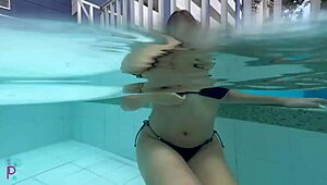 Beautiful Blonde Latina Bathes Half Naked In Pool, Shows Tight Pussy And Cute Ass