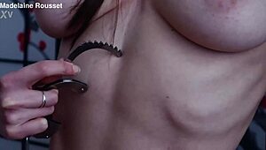 Nylon stockings tease redhead teen with handcuffs and toys