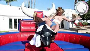 Hey, check these college teens flashing big ass on a mechanical bull at a wild show!