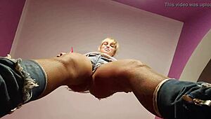 blonde femdom dominates old cuckold in intense bdsm session with whips and chains