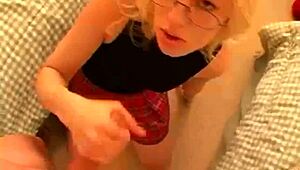 Blonde teen slut jerks cock with intense handjob teasing