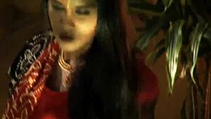 a warm indian babe lounges nude, showing natural tits and hairy body in softcore solo