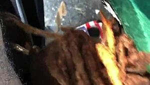 Mature ebony MILF ass licked in public car