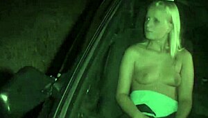 Blonde girl bent over in outdoor blowjob orgy