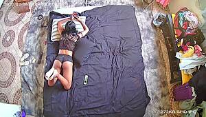 Camera prank catches young slut lying after bath fucking