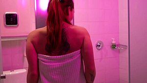 milf gives hot handjob with toys before shower, showing pussy and boobs