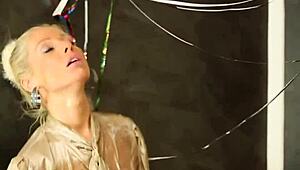 Euro lesbians get drenched in gloryhole bukkake with toys 😏