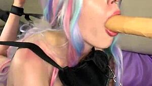 Tied Cutie Sucks Cock Dildo Fuck Machine!