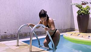 Curvy teen enjoys cousin's cock by pool