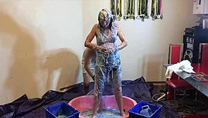 Brunette Gets Messy With Spaghetti, Gunge, Clingfilm, And Mud. 😄