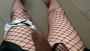 Femboy Cums Hard in Fishnet Stockings After Intense Solo Session