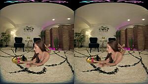 Bold brunette Vrallure intensely fills her shaved holes with toys in voyeur anal session.