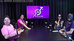 Two naughty teens strip naked, flashing tits and wet pussies in sheer red lingerie.