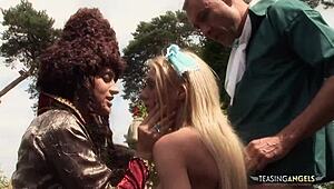 Sweet blonde craves multiple hard cocks outdoors