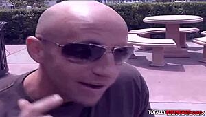 Bald stud fucks slutty redhead with natural tits