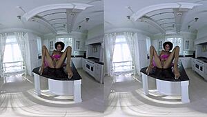 chocolate ebony girl spreads on desk in pov reality masturbation