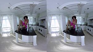 chocolate ebony girl spreads on desk in pov reality masturbation