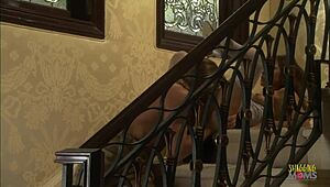 Guy plunges dick into shaved milf pussy on stairways and cums