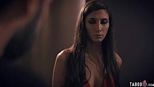 the petite brunette teen sucks and fucks a freak client right next to his wife