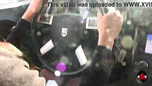 muscular asian milf bodybuilder drives in fishnets and pointed heels