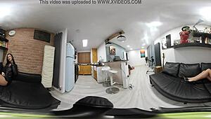 a 360 vr video of sexy lauren posing in a black leather skirt and black leather heels