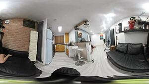 a 360 vr video of sexy lauren posing in a black leather skirt and black leather heels