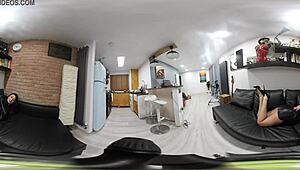 a 360 vr video of sexy lauren posing in a black leather skirt and black leather heels