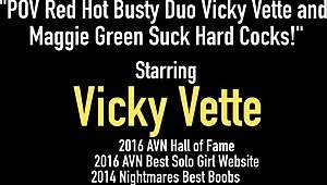 the pov scene features red hot busty blondes vicky vette and maggie green sucking hard cocks