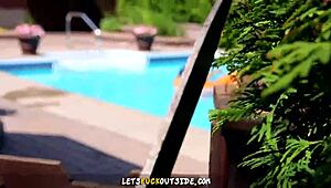 Let's watch a busty brunette seduce her muscular neighbor by the pool