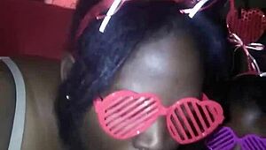 Ebony Teen Gives Sloppy Double Blowjob on Monster Cock