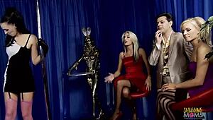 blonde milf strippers with fake boobs get too aroused and have group sex that ends with a facial?