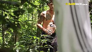 big guy fucking naughty boy bareback in woods