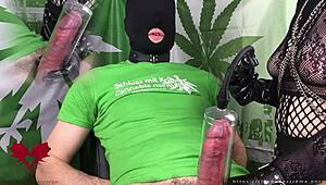 Goth milf hints at handjob with latex gloves and pump