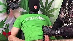 Goth milf hints at handjob with latex gloves and pump