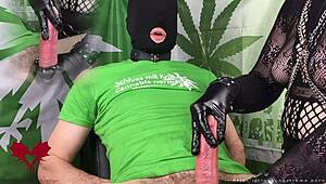 Goth milf hints at handjob with latex gloves and pump