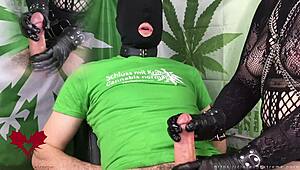 Goth milf hints at handjob with latex gloves and pump