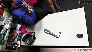 cute blonde shoplifter caught between two guards for rough ffm