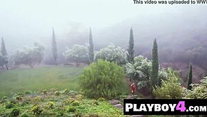 Hey, check out this big boobs blonde posing naked with perfect ass outdoors