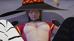 Cute anime character megumin engages in sfm hentai 3d scene. She explores cosplay elements in japanese style.